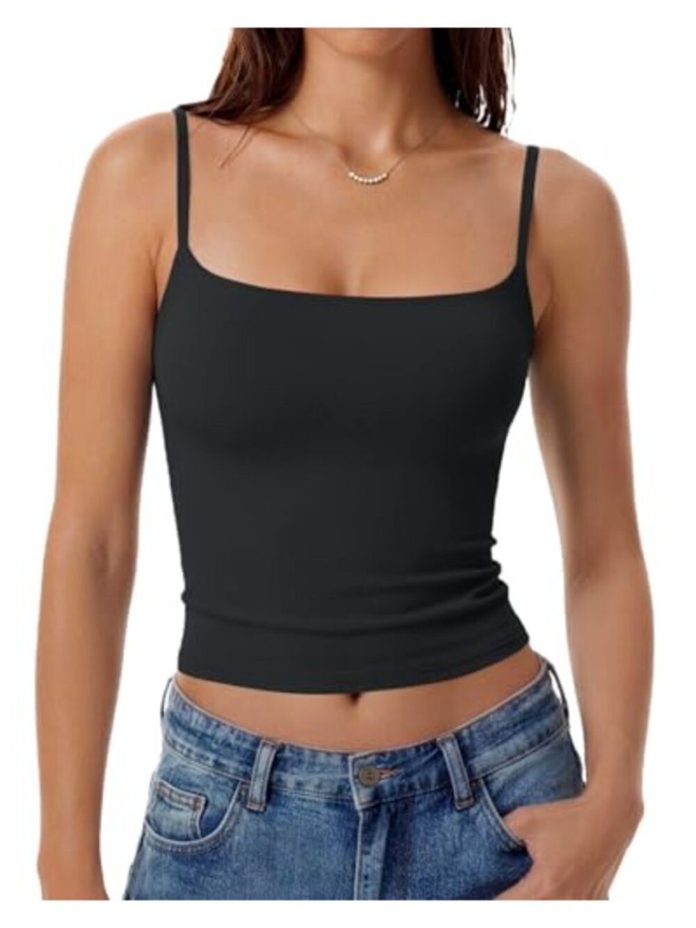 Double Lined Square Neck Camisole Tank Top Adjustable Straps Slim Fit